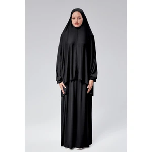 Sonbahar Moda Kadın Iki Parça Namaz Elbisesi  Başörtülü Organik Pamuklu Lastikli Kolu Kaymaz Etek Penye Tesettür Siyah