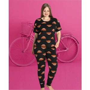 Kadın Büyük Beden Siyah Kısa Kollu Ayıcıklı Pijama Takımı 4130-B