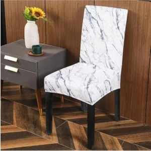 Beyaz Mermer Desenli Standart Sandalye Kılıfı 6 Adet Likralı Lastikli Kadife Kumaş