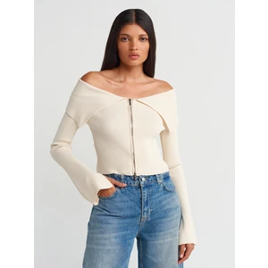 60252 Bardot Yaka Fermuarlı Triko Hırka-A.natural