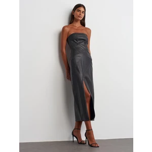 90813 Dikiş Detaylı Straplez Suni Deri Elbise-Siyah-Gri