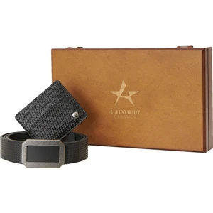 ALTINYILDIZ CLASSICS Erkek Siyah Özel Ahşap Hediye Kutulu Kemer - Kartlık Aksesuar Set Damat Bohçası