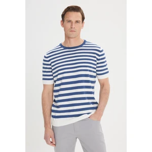 Altınyıldız Classics Erkek Lacivert-Beyaz Slim Fit Dar Kesim %100 Pamuk Çizgili Bisiklet Yaka Triko Tişört