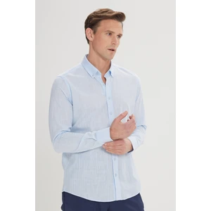 Altınyıldız Classics Erkek Açık Mavi Slim Fit Düğmeli Yaka Keten Görünümlü %100 Pamuk Flamlı Gömlek