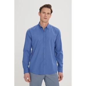 Altınyıldız Classics Erkek Indigo Slim Fit Düğmeli Yaka Keten Görünümlü %100 Pamuk Flamlı Gömlek