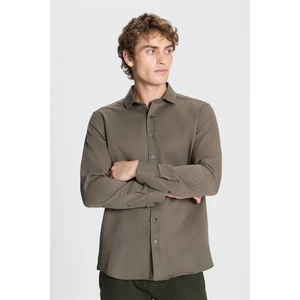 Altınyıldız Classics Erkek Haki Slim Fit Dar Kesim Italyan Yaka Armürlü Gömlek