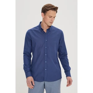 Altınyıldız Classics Erkek Lacivert Slim Fit Düğmeli Yaka Keten Görünümlü %100 Pamuk Flamlı Gömlek