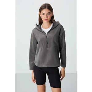 Tommy Life Koyu Gri Kalın Yumuşak Dokulu Kapüşonlu Oversize Nakışlı Polar Kadın Sweatshirt -97286