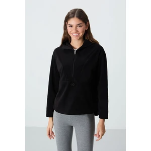 Tommy Life Siyah Kalın Yumuşak Dokulu Kapüşonlu Oversize Nakışlı Polar Kadın Sweatshirt -97286
