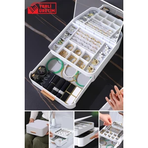 House By House Çekmeceli Aynalı Çok Bölmeli Makyaj Takı Organizer Krem
