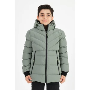 Açık Yeşil Erkek Çocuk Sabit Kapüşonlu Şişme Deri Karışımlı Kumaş Mont&kaban