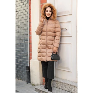 Kapşonlu Camel Tesettür Şişme Mont 9781C