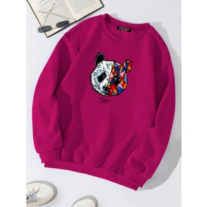 Oversize Bisiklet Yaka Basic Heiparman Panda Baskılı Sweatshirt - Fuşya