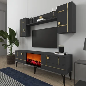 Demonte Decor Madera Şömineli Tv Ünitesi Takımı Antrasit-Altın