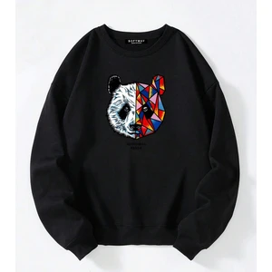 Unisex Oversize Bisiklet Yaka Basic Heiparman Panda Baskılı Sweatshirt - Siyah