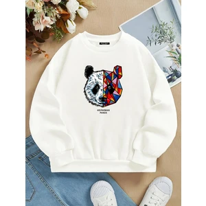 Unisex Oversize Bisiklet Yaka Basic Heiparman Panda Baskılı Sweatshirt - Ekru