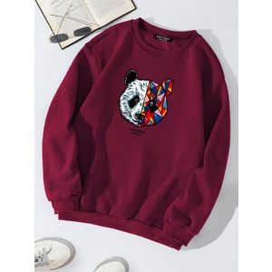 Unisex Oversize Bisiklet Yaka Basic Heiparman Panda Baskılı Sweatshirt - Bordo