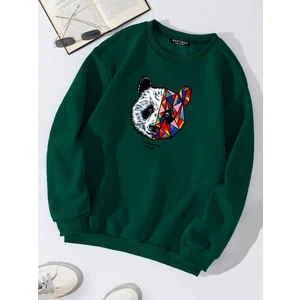 Unisex Oversize Bisiklet Yaka Basic Heiparman Panda Baskılı Sweatshirt - Koyu Yeşil