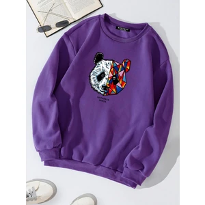 Unisex Oversize Bisiklet Yaka Basic Heiparman Panda Baskılı Sweatshirt - Mor