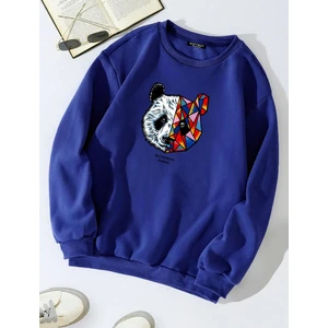 Unisex Oversize Bisiklet Yaka Basic Heiparman Panda Baskılı Sweatshirt - Saks Mavisi