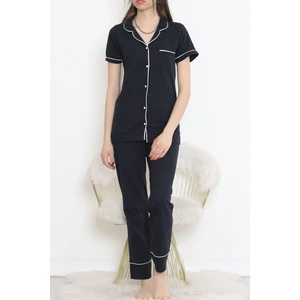 Dantel Lacivert Cepli Düz Pijama Takımı