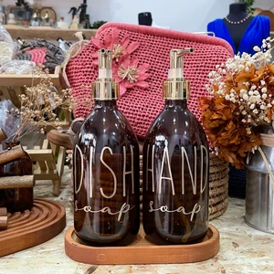Ahşap Stantlı Gold Başlık 2'li 500 ml Amber Cam Sıvı Sabun Bulaşık Deterjanı Şişesi Mutfak Sabunluk