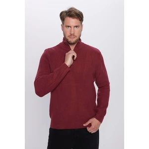 Erkek Slim Fit Dar Kesim Fermuarlı Bordo Dik Yaka Triko Kazak