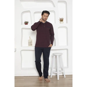 Erkek Lacivert Düğmeli Pamuk Likra Uzun Kol Mevsimlik Göğüs Cepli Pijama Takımı