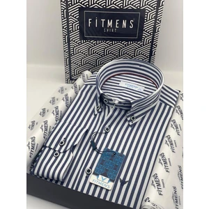 Slim Fit Uzun Kol Likralı Çizgili Yaka Düğmeli Hediye Kutulu Erkek Gömlek (CODE:I.KİNG KALIN) - Lacivert