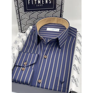 Klasik Uzun Kol Premium Çizgili T.1338 Gömlek - Lacivert Bej