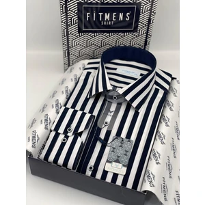 Klasik Uzun Kol Çizgili Cepsiz Likralı Hediye Kutulu Erkek Gömlek ( CODE:H.1453) - Lacivert Beyaz