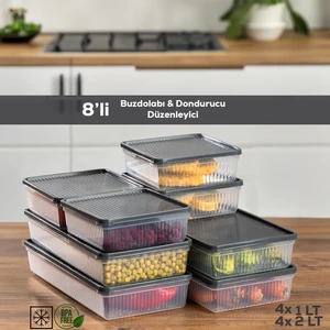 8li Buzdolabı Organizer Derin Dondurucuya Uygun Buzluk Bakliyat Saklama Kabı - Antrasit