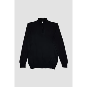 Erkek Klasik Fit Normal Kesim Yünlü Fermuarlı Siyah Dik Yaka Triko Kazak