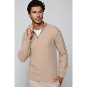 Slim Fit Dar Kesim Dik Yaka Fermuarlı Desenli Bej Erkek Triko Kazak