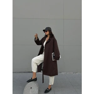 Kadın Kahve Astarı Çizgi Desenli Oversize Trençkot 28119