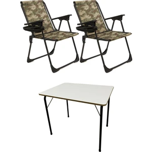 2 Adet Kamp Sandalyesi Katlanır Piknik Sandalye Oval Bardaklıklı Kamuflaj + MDF Masa