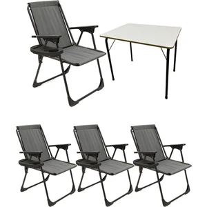 4 Adet Kamp Sandalyesi Katlanır Piknik Sandalye Oval Bardaklıklı Gri + MDF Masa
