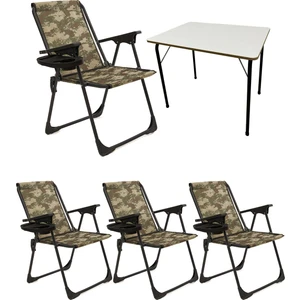 4 Adet Kamp Sandalyesi Katlanır Piknik Sandalye Oval Bardaklıklı Kamuflaj + MDF Masa