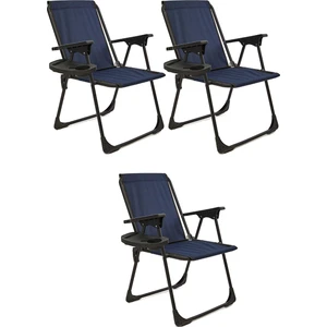 3 Adet Kamp Sandalyesi Katlanır Piknik Sandalye Oval Bardaklıklı Lacivert