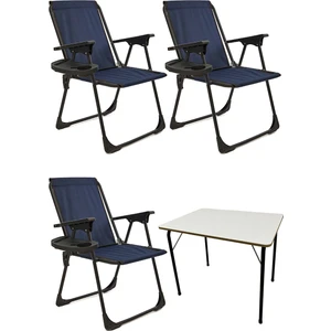 3 Adet Kamp Sandalyesi Katlanır Piknik Sandalye Oval Bardaklıklı Lacivert + MDF Masa