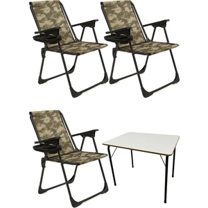 3 Adet Kamp Sandalyesi Katlanır Piknik Sandalye Oval Bardaklıklı Kamuflaj + MDF Masa