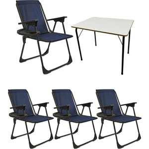 Natura 4 Adet Kamp Sandalyesi Katlanır Piknik Sandalye Oval Bardaklıklı Lacivert + MDF Masa