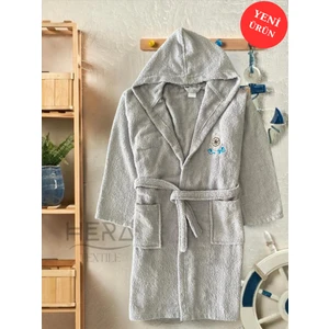 Hera Textile Kapüşonlu ve Kemerli Pamuklu GRİ Erkek-Kız Genç Çocuk Bornozu