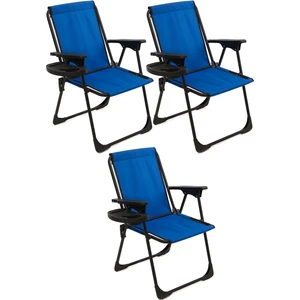 3 Adet Kamp Sandalyesi Katlanır Piknik Sandalye Oval Bardaklıklı Mavi