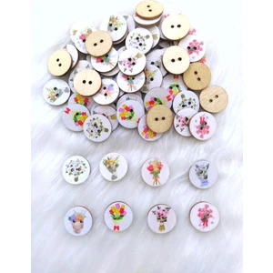 20 Adet 20 Mm Yuvarlak Ahşap Karışık Çiçek Buketleri Desenli Düğme