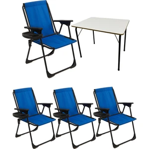 4 Adet Kamp Sandalyesi Katlanır Piknik Sandalye Oval Bardaklıklı Mavi + MDF Masa