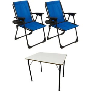 2 Adet Kamp Sandalyesi Katlanır Piknik Sandalye Oval Bardaklıklı Mavi + MDF Masa