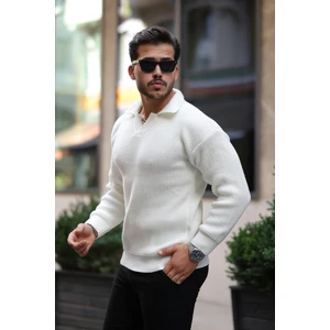 Oversize Gömlek Polo Yaka Selanik Örgülü Erkek Triko Kazak - Ekru