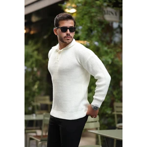Modern Fit Polo Yaka Çizgili Triko Kazak - Ekru