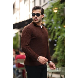 Modern Fit Polo Yaka Çizgili Triko Kazak - Kahve